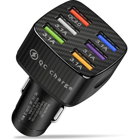 Chargeur de voiture multi-USB, adaptateur allume-cigare Quick Charge 3.0, chargeur de voiture multi-protection à 6 ports (noir) (1/5)