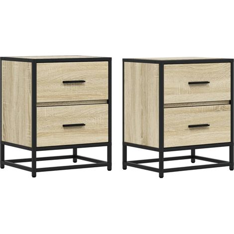 Conjunto de 2 mesitas de noche con dos cajones 40 x 31 x 50 cm madera contrachapada color roble y acero DEC035230