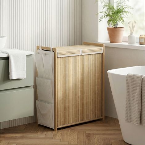 Panier à linge en bambou avec sac à cordon amovible et poches de rangement latérales, 120 L, naturel (1/5)