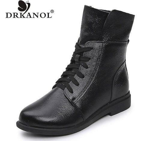 Bottines en cuir de vache véritable pour femmes, lacets, talon carré, noir et rouge, chaussures montantes courtes (1/4)