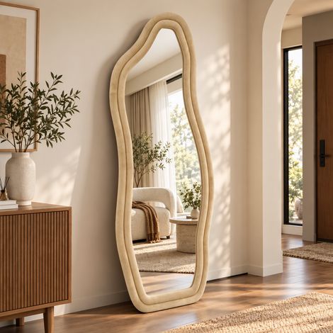 Miroir sur pied – forme organique irrégulière – cadre en velours – miroir en verre trempé haute définition