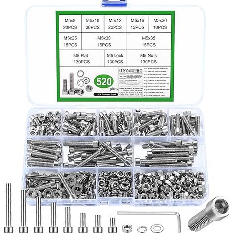 M5 Screw Set, Bolts Screws and Nuts, Screws Bolts and Nuts, Stainless Steel Hollow Hexagon Cylindrical Head Screws, Bolts and Nuts and Washers Kit for DIY Repair (1/5)