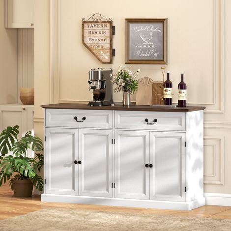 Buffet salon, meuble de rangement avec 4 portes, 2 tiroirs silencieux, étagères réglables, 140x40x85cm, blanc et marron (1/5)