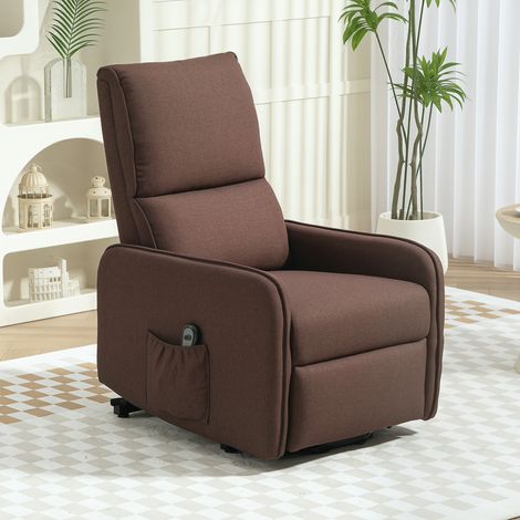 Sillón reclinable eléctrico con elevador, reclinación de 135°, tapizado en tela efecto lino, con control remoto, reposapiés y bolsillo lateral para sala de estar y dormitorio, color marrón oscuro. (1/5)
