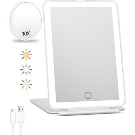 Miroir de maquillage de voyage rechargeable avec lumière, miroir grossissant x10, miroir de courtoisie portable, éclairage 3 couleurs, gradation (1/5)