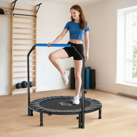 Trampoline Adult Fitness Ø122 cm noir bleu, pliable avec poignée réglable à 4 niveaux et