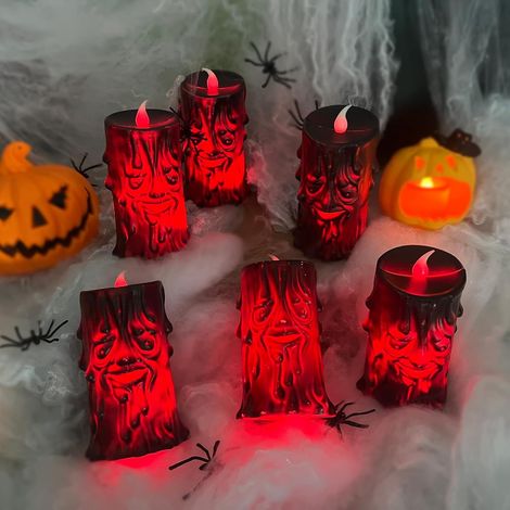 6 Pièces Bougie Led Chauffe Plat Déco Halloween Intérieur Exterieur,Décoration Halloween Crâne Lanterne Alimentato A Batteria,Lumière Rouge Lumineuse Bougie Automne Citrouille Deco Table (1/5)