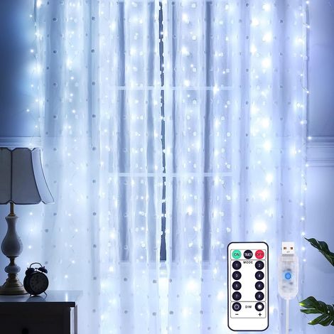 Curtain Lights 3m x 3m, 300 LED Curtain Fairy Lights, Warm White, 8 Modes, Waterproof, USB Powered with Remote Control & Timer for Bedroom, Wedding, Party (1/5)