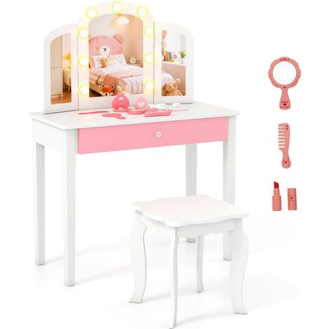 COSTWAY Kids Vanity Table with Mirror and Lights Princess Makeup Vanity Desk White (1/5)