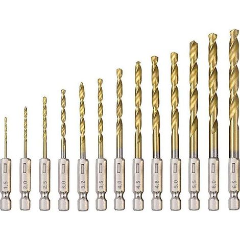 Lot de 13 forets hélicoidaux en acier rapide avec revêtement en titane Diamètre 1,5 mm à 6,5 mm Pour métal et bois dur - 13Pcs (1/4)