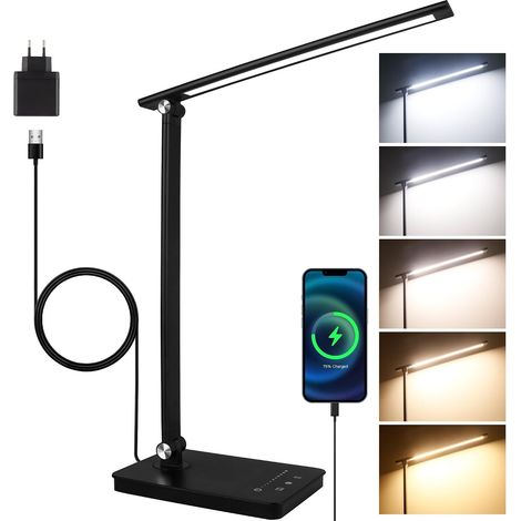 Lampe de Bureau LED avec 2A Adaptateur, 5 Couleur 10 Niveaux de Luminosité, Lampe de Chevet Dimmable Tactile avec Timer Fonction Mémoire, Port USB-C, pour Lecture Travail, Noire (1/5)