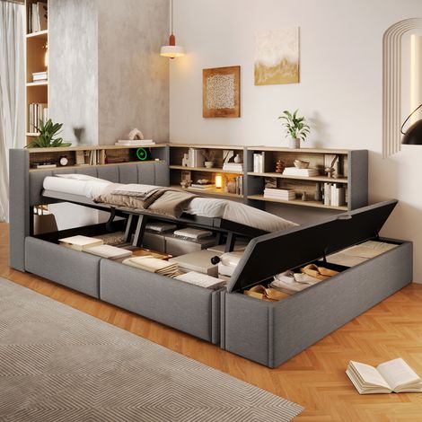 Lit Banquette 140x200 cm avec Coffre Hydraulique, Banc Coffre, Chevet Réversible, LED par Appli, Prise et USB/USB-C, sans Matelas, Velours - Gris (1/5)