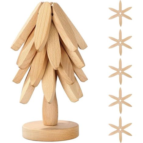 LYERCW - Dessous de plat en bois pour plats chauds, dessous de plat en forme d'arbre, 5 dessous de plat en bois + 1 tige empilés comme un sapin de Noël, dessous de plat en bois de hêtre (1/4)
