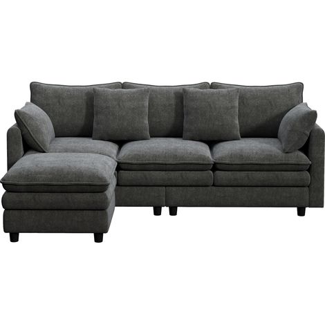 Sofá Esquinero de 3 Plazas con Chaise Longue Reversible 4 Cojines 3 Respaldos Chenilla Gris 212 x 150 x 90 cm (1/5)