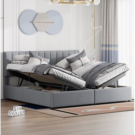 DESVIAE Lit double rembourré 180 x 200 cm avec rangement hydraulique transformable en 2 lits 90 x 200 gris tissu lin et métal (1/5)