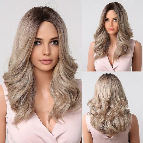 Perruque synthétique ALAN EATON Ombré Brun Clair Blond Cendré Mi-long Ondulée pour Femmes Noires Fibre Résistante à la Chaleur Faux Cheveux Usage Quotidien
