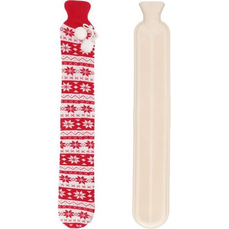 Bouillotte longue – 72 cm – 2000 ml – Housse rouge motif flocon – Chauffe-dos (1/5)