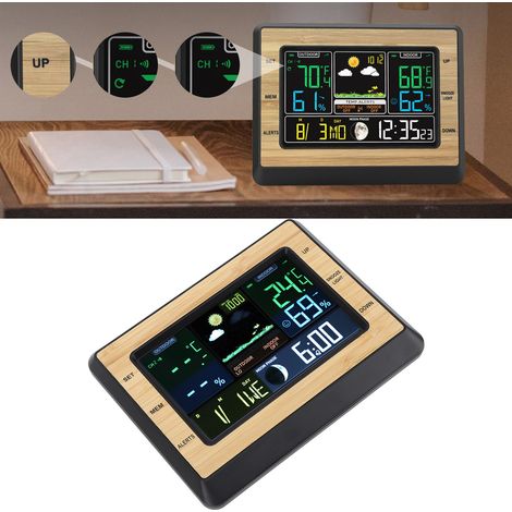 Station météo digitale avec transmetteur externe IP54 - ABS/bambou, détection indoor/outdoor (-40°C à 70°C), 433 MHz, écran couleur, alarmes, 5 langues, 18x14cm (1/5)