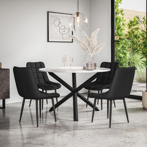 Malvern Round Dining Table And Chairs -  Marble Table Top w Solid Black Oak Legs + Nova Faux Leather Dining Chair Set Of 4 (Black) (1/5)