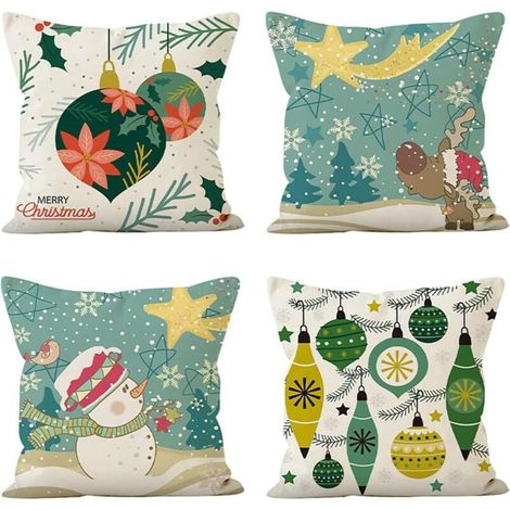 Housse de Coussin 45x45 cm, Lot de 4 Housses de Coussin Décoratif en Polyester Flocon de Neige Bonhomme de Neige Noël Taie d'oreiller Carrée pour Canapé Maison Salon Chambre à Coucher (1/4)