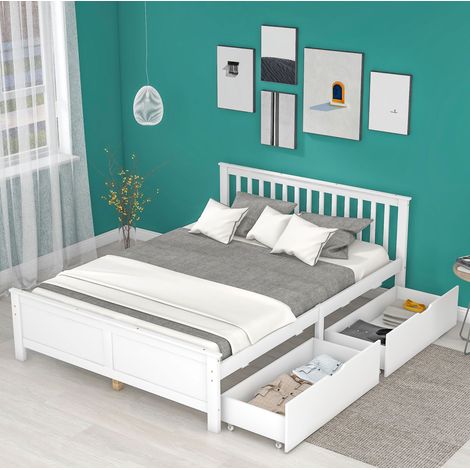 Lit double 140/200 cm blanc en bois de pin avec 2 tiroirs de rangement (1/5)