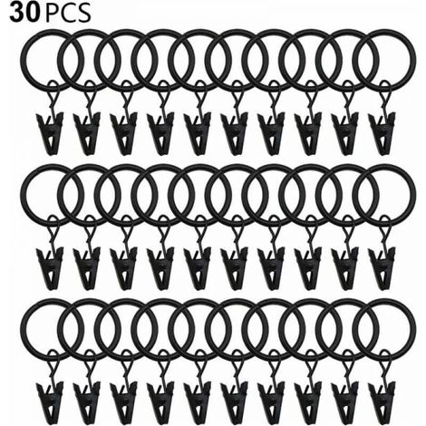 30 anneaux de rideaux PCS avec pinces, pinces à draperie solides, crochets sur support de tige de tension, diamètre intérieur oeillets en métal rideaux décoratifs cintres de fenêtre, noir (1/5)