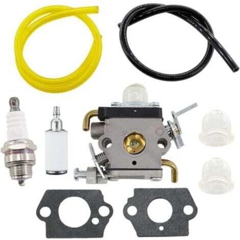 Carburatore completo di guarnizione, tubo del carburante e candela per decespugliatori Husqvarna 122C, 122LDX e 122LK. Sostituisce i codici ricambio 581734301 e 574386701.