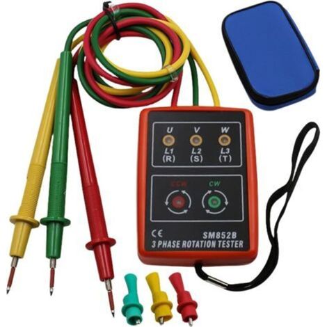 Phasemètre portable triphasé – Mesure du champ tournant CA (60–600 V), contrôle de l’ordre des phases, détecteur de tension avec signal sonore et pinces crocodile pour équipements haute tension (1/5)