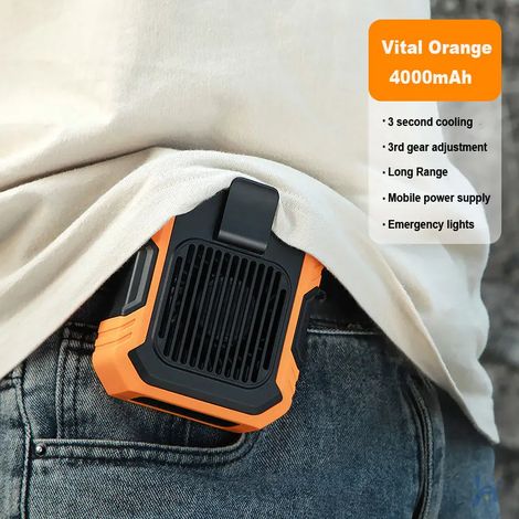 Ventilateur de taille silencieux portable (orange), ventilateur rafraîchissant à pince pour les sports de plein air, batterie externe 3 en 1 avec lampe de secours (1/5)