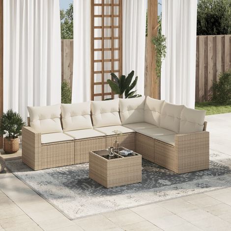 Canapé d'angle jardin 7 pièces en résine tressée beige avec coussins lavables et table en verre trempé (1/3)