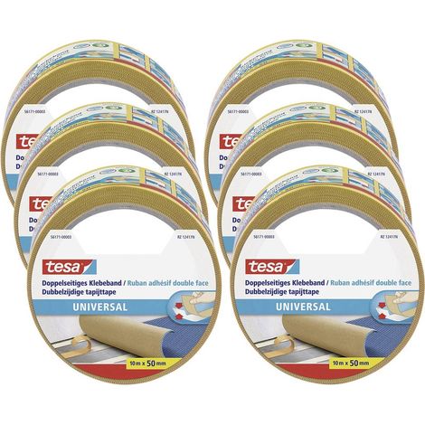 Tesa – Ruban adhésif double face 56171 – Dimensions 10 m x 50 mm – Lot de 6 – Adhérence durable pour verre, métal et plastique - MM 6 PC
