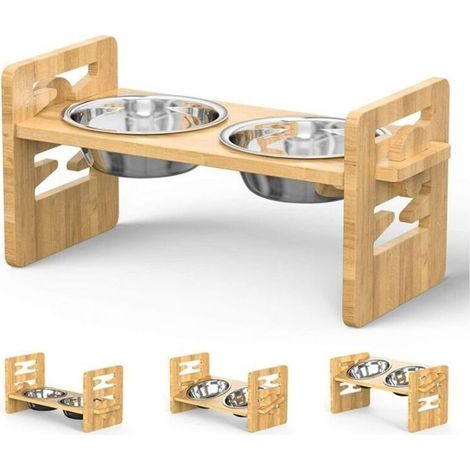 Bols surélevés en bambou pour chiens et chats de petite et moyenne taille, mangeoire réglable en bambou pour animaux de compagnie, ensemble de bols surélevés avec 2 bols en acier inoxydable (1/4)