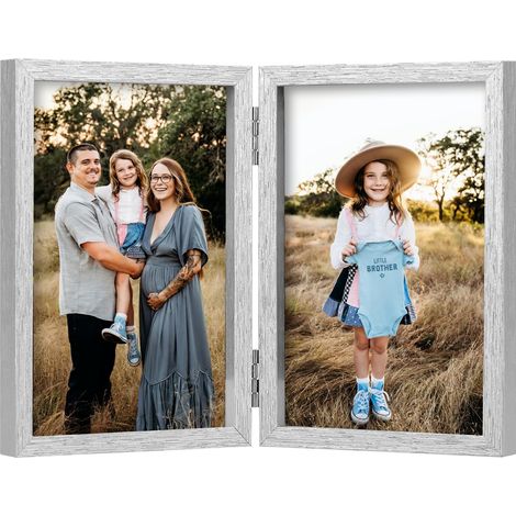 Cadre photo double 10 x 15 cm pliable en bois avec support avant en verre vertical sur le bureau Argenté (1/5)