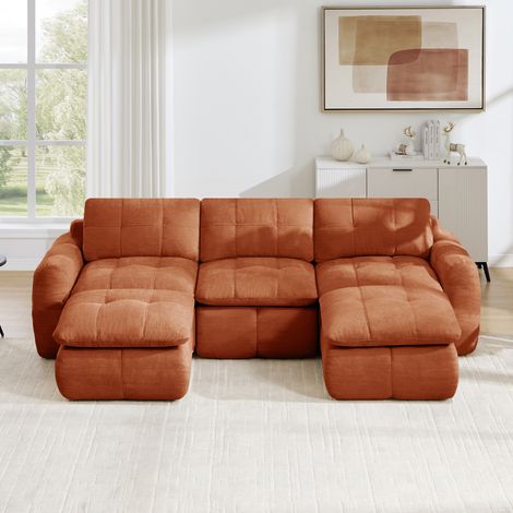 Canapé d'angle modulable en U 3 places sans cadre avec 2 poufss, mousse haute densité 32D, modules combinables, sans montage, chenille douce, orange (1/5)