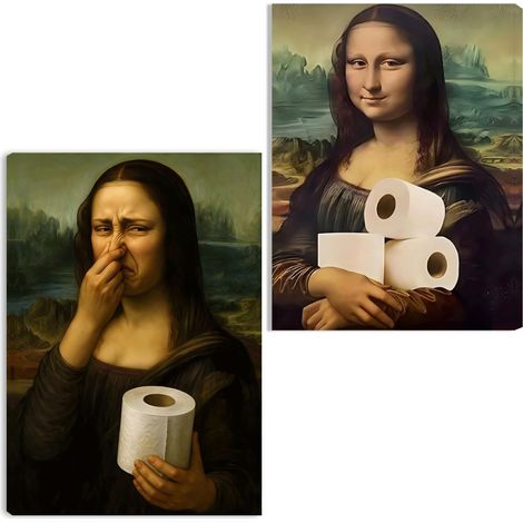 Lot de 2 images WC amusantes Mona Lisa - Poster amusant avec papier toilette - Décoration de salle de bain humoristique pour toilettes d'invités - 30 × 40 cm - Sans cadre (1/5)