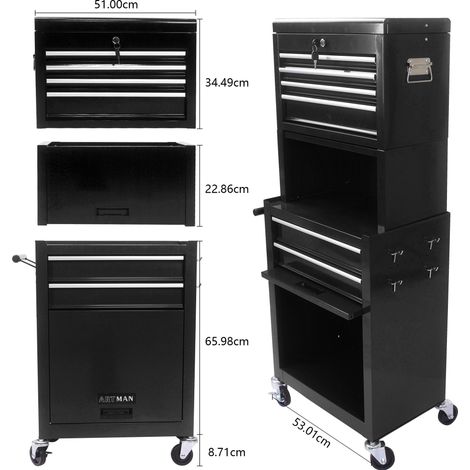 Carrello officina 2 in 1 con 6 cassetti richiudibile a chiave e ruote, acciaio nero DESVIAE (1/5)