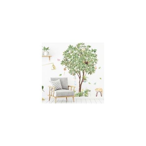 Tropische Pflanzen-Wandtattoos, grüne Bäume, Vögel in Bäumen, abnehmbare grüne Blätter, Wanddekoration für Schlafzimmer, Wohnzimmer, Sofa (D)-Crezuo