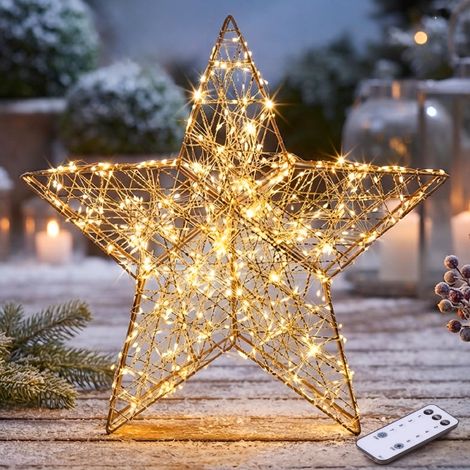 LED Stern gold zum Stellen für Außen und Innen mit Timer und Fernbedienung - 50 cm - Metall Leuchtstern 600 LEDs warm weiß dimmbar mit Stecker für Außen und Innen