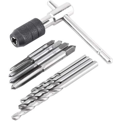 9 Pièces/ensemble de Tarauds à Vis, 1 Clé à Taraud en Forme de T, 4 Tarauds et 4 Forets Hélicodaux, Jeu de Clés à Taraud en Acier à Roulement de Haute Qualité, Forets Torsadés Filetage Taraudage Kit
