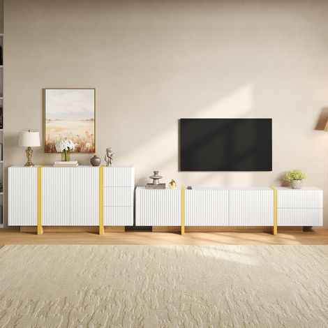 Ensemble meuble tv 190cm et buffet 140cm pour salon - design moderne avec facades rainurees en mdf et pb sans poignee - blanc (1/5)