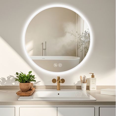 Specchio da bagno LED rotondo 70 cm, antiappannamento, 3 temperature, intensità regolabile OKMYHOME (1/5)