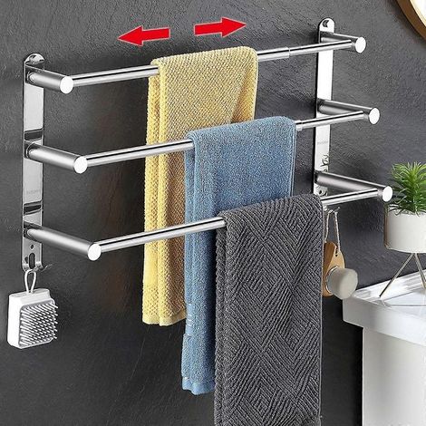 Porte-serviettes extensible sans perçage de 43 à 78 cm, 3 niveaux, en acier inoxydable avec crochets, finition argentée, pour salle de bain et cuisine. (1/5)