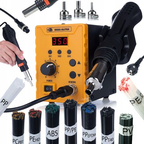 Rosfix Set 858D Ultra – Heißluft-Lötstation & Kunststoffschweißgerät 700 W  100–500 °C, 120 l/min  3 Speicher, 3 Düsen  Für Elektronik & Karosseriereparatur