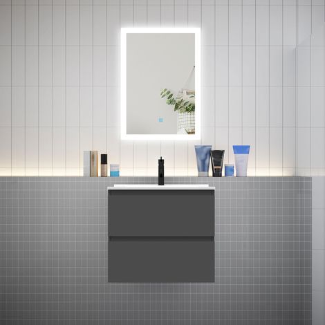 AICA Ensemble meuble vasque L.60cm anthracite 2 tiroirs + led miroir + lavabo (1/5)