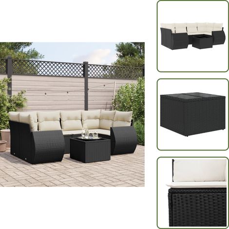 7-tlg. Garten-Sofagarnitur mit Kissen Schwarz Poly Rattan - Gartenmöbel Set - Esszimmergarnitur - Outdoor Möbel - Lounge Garnitur - Rattan Gartenmöbel (1/5)