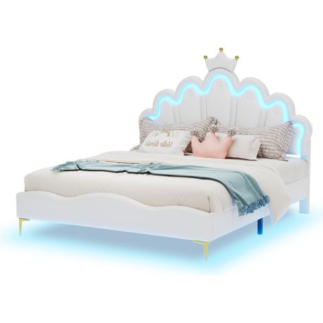 Lit double 140x200 cm princesse avec LED, tête de lit nuage couronnée, hauteur réglable, cuir régénéré blanc et MDF, pour chambre enfant  CHICFURN (1/5)