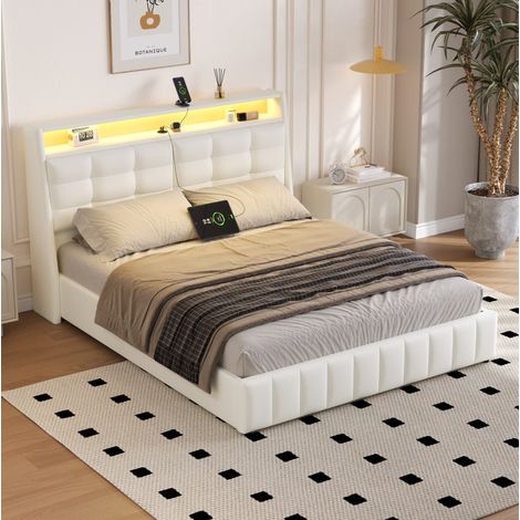 Bett aus MDF/Sperrholz mit PU-Polsterung Weiß 160x200 cm, mit Stauraum, LED und USB (1/5)