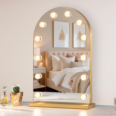 Miroir avec lumières, miroir de maquillage pour chambre à coucher, grand miroir éclairé avec 12 ampoules réglables, contrôle tactile intelligent, 3 modes d'éclairage couleur (doré) (1/5)