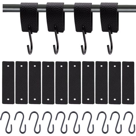 10 ganchos en forma de S de cuero, ganchos en forma de S de acero inoxidable, anillos de cuero para cocina, baño y dormitorio, gran capacidad de carga.