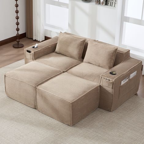 Sofa modulare a 2 posti in corda con 2 sgabelli, portabicchieri, tasche laterali: molle e schiuma ad alta densità – stabile, confezionato in modo compresso, senza montaggio. Ideale per soggiorni e app (1/5)